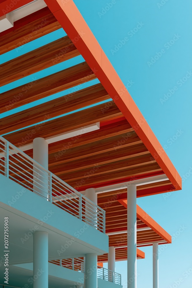 Fototapeta premium Orange wooden pergola roof with white columns, metal railings and clear blue sky for minimalist architectural background and banner design