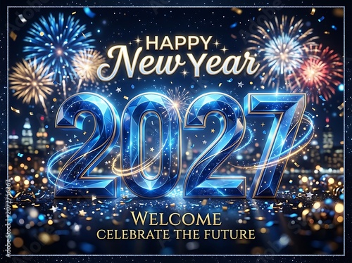Happy new year 2027 design with fireworks and confetti over night city skyline background.