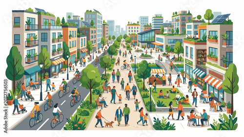 Large Community of Pedestrians and Residents in Walkable City Urban Wellbeing Editorial Vector Illustration