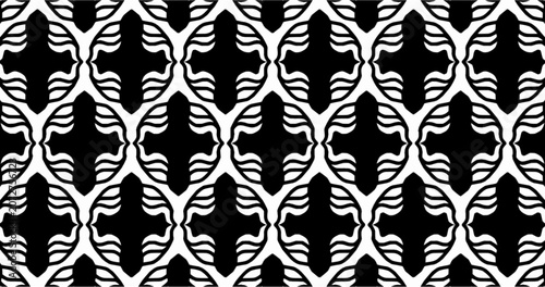 Black and white seamless geometric pattern with rounded lattice motifs. Repeating ornamental vector design ideal for wallpaper, fabric, and decorative backgrounds.
