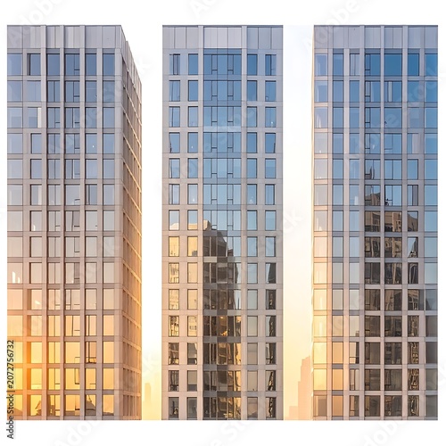 Modern glass skyscrapers at sunset.