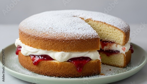 Traditional Victoria sponge cake filled with cream and raspberry jam, dusted with powdered sugar