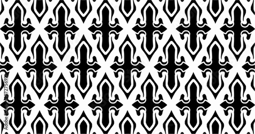 Seamless black and white geometric pattern with stylized cross and diamond elements. Repeating ornamental vector background for wallpaper and textiles.