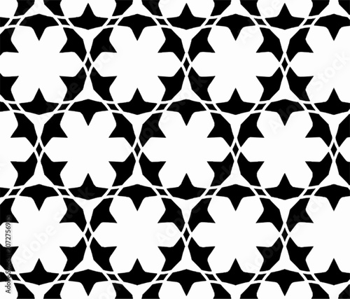 Black and white seamless floral geometric pattern with clover-like motifs. Repeating ornamental vector background ideal for textiles, wallpaper, packaging, and surface design.