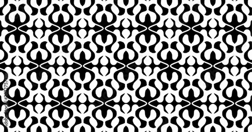 Black and white seamless geometric ornamental pattern with repeating curved motifs. Decorative vector background for wallpaper, textiles, and surface design.