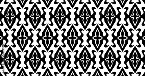 Elegant black and white seamless pattern with diamond-shaped ornamental motifs. Repeating vector background for wallpaper, textiles, packaging, and decorative surfaces.