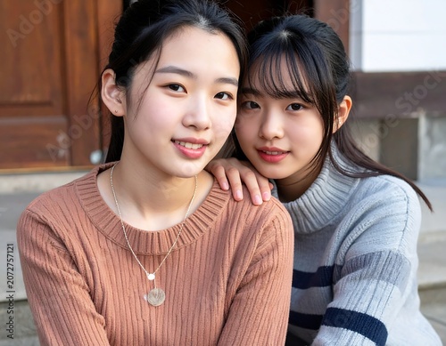 Two smiling young women in close embrace looking at the camera