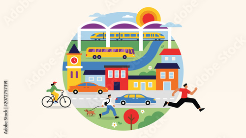 People active in a colorful city with train bus car and buildings in a modern flat design illustration Vector