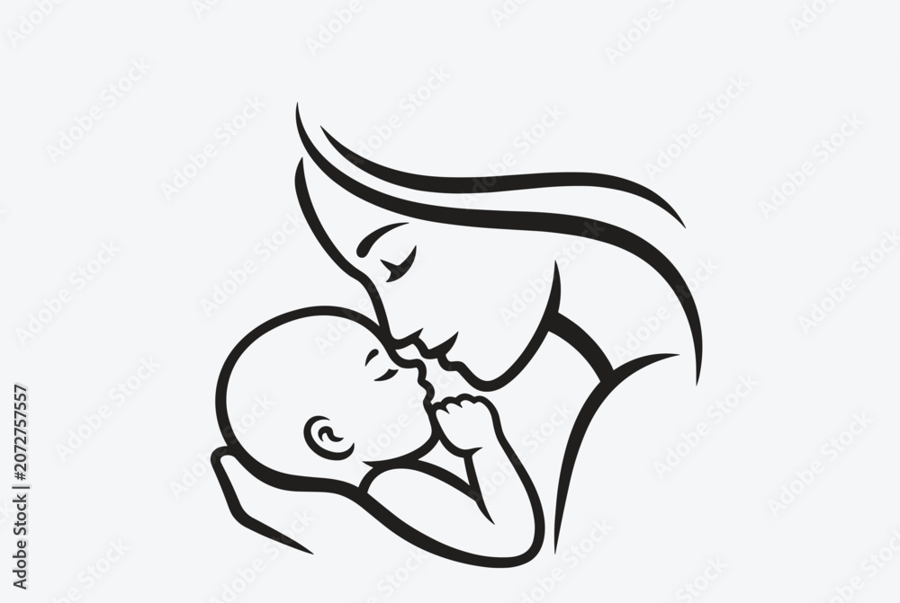 Obraz premium Elegant and minimal black line art drawing depicting a mother gently cradling and kissing her sleeping newborn baby on the nose.