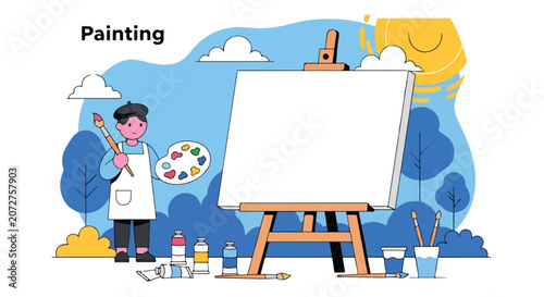 A cartoon artist painting on an easel