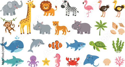 Bild auf Leinwand Cute safari and sea animals cartoon vector set featuring wild jungle and marine wildlife creatures isolated design