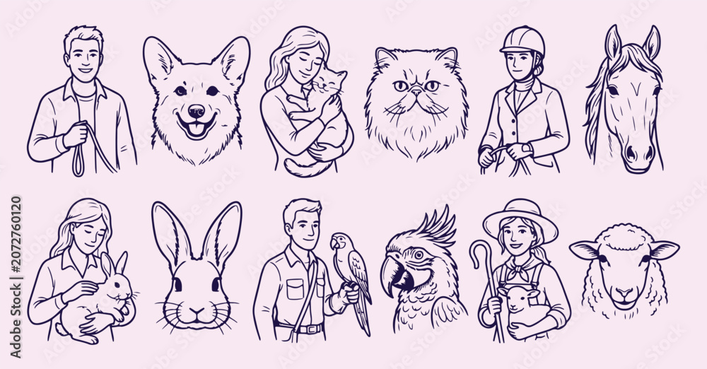 Fototapeta premium Cute animal friend pattern, funny pets background, domestic creature design, wild forest illustration, fluffy friend wallpaper, zoo wildlife texture, pet animal elements, nature life graphic cute, ani