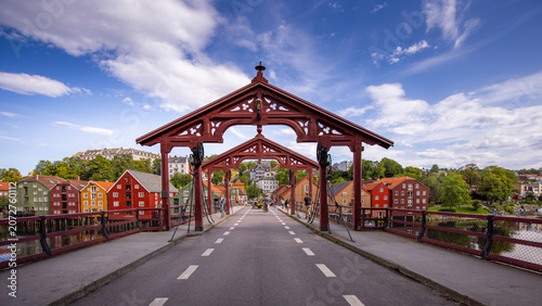 A colorful view of the Gamle Bybro (Old Bridge) in the Norwegian city of Trondheim