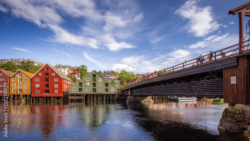 A colorful view of the Gamle Bybro (Old Bridge) in the Norwegian city of Trondheim