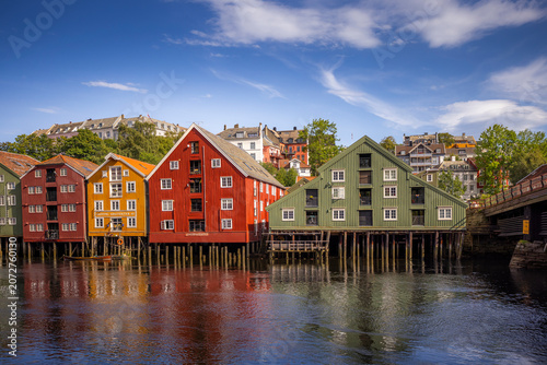 View of the warehouses in the Bakklandet neighborhood along the Nivelda River in Trondheim
