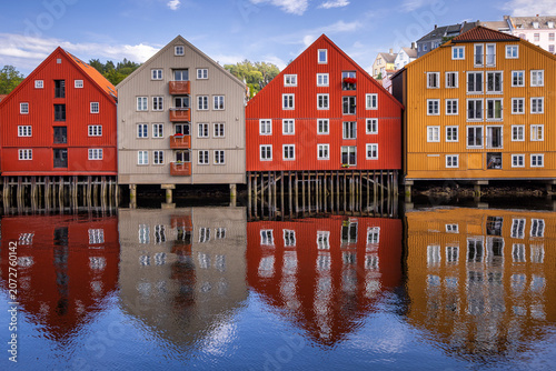 View of the warehouses in the Bakklandet neighborhood along the Nivelda River in Trondheim