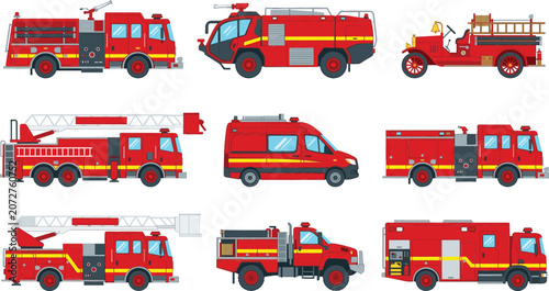 Schilderij op canvas Fire truck and emergency rescue vehicle set with engine ladder van vintage truck