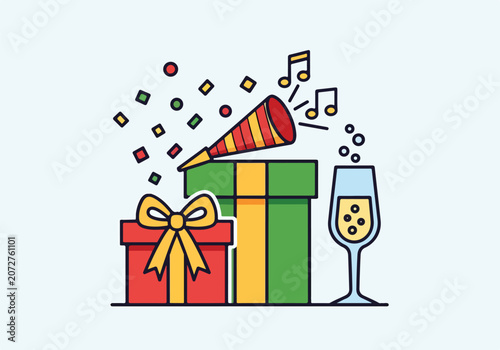 A colorful illustration of gifts and party elements
