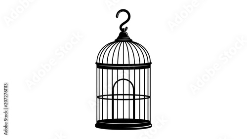 Billede på lærred Vintage Birdcage Illustration: A detailed, stylized illustration of an ornate, vintage birdcage, rendered in striking black and white, evokes a sense of nostalgia and confinement