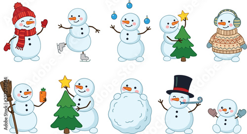 Fotografie Cute cartoon snowman character set showing various winter holiday activities festive poses isolated vector illustration collection design