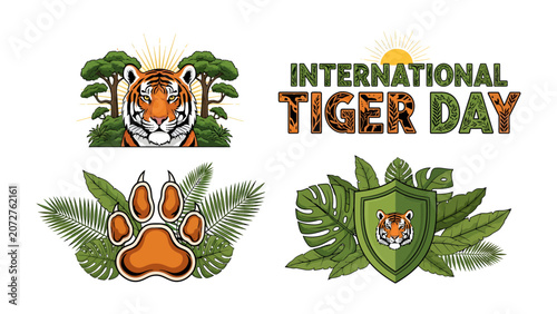 Foto International Tiger Day Celebration: A graphic collection celebrating International Tiger Day, featuring a fierce tiger portrait, paw print, jungle foliage, and text