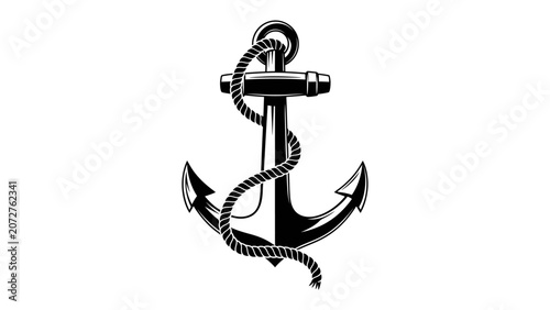 Fotografie Nautical Anchor Emblem: A classic nautical anchor, rendered in a bold black silhouette, is intricately wrapped with a sturdy rope, symbolizing stability and maritime adventure