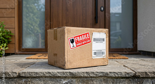 Home Delivery Parcel with Fragile Label at Front Door