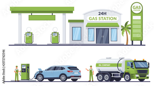 Modern gas station building with fuel pumps car refueling and a tanker truck delivering gasoline in a flat vector style illustration Vector
