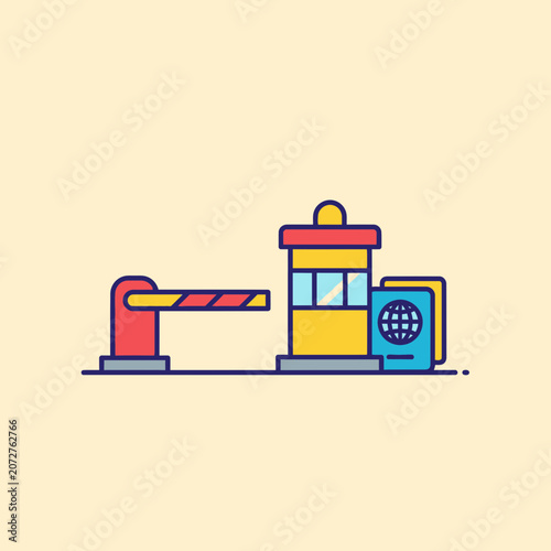 Colorful toll booth with barrier gate.