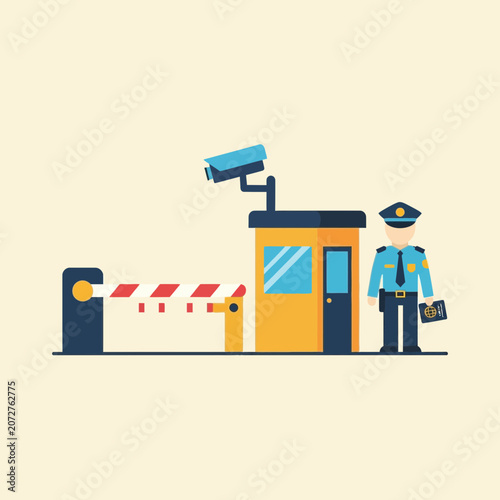 Security guard standing at booth gate.