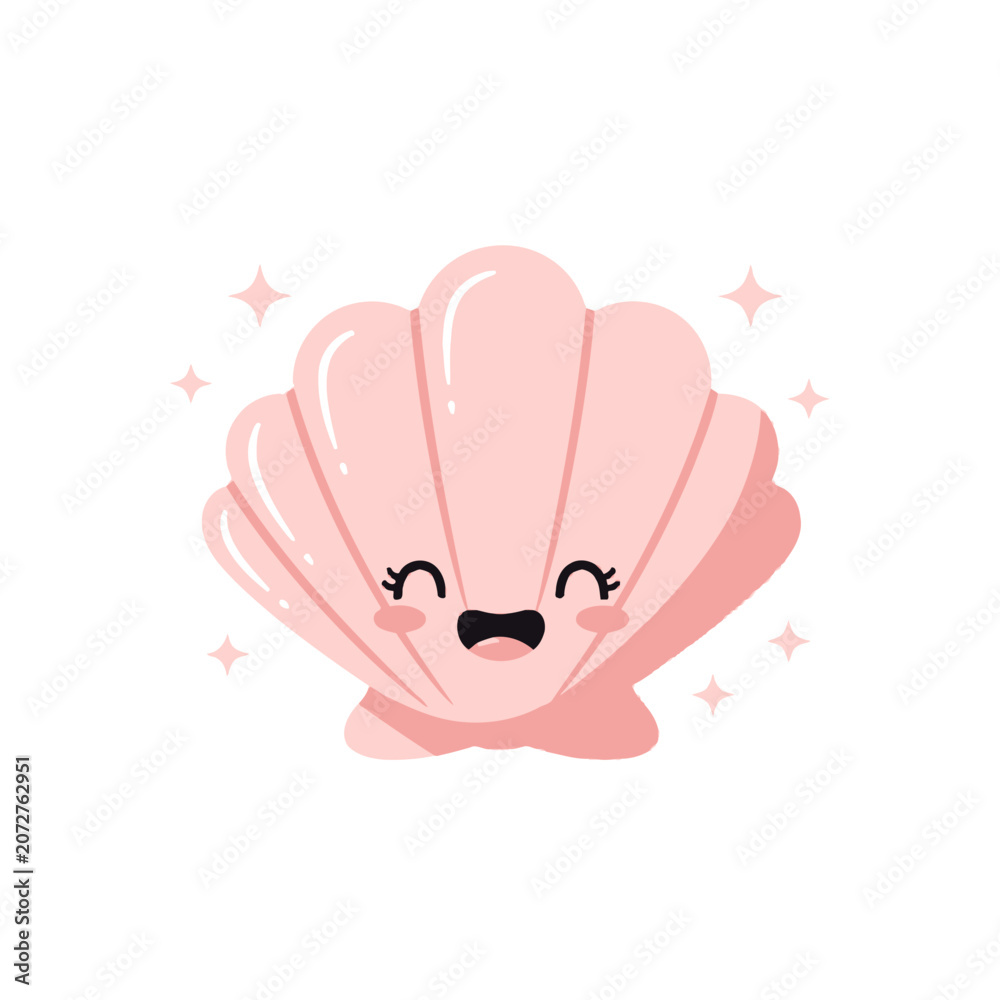 Fototapeta premium Cute Pink Seashell with Happy Face and Sparkles.