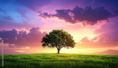 Solitary tree on a grassy hill bathed in vibrant sunset hues, serene and peaceful