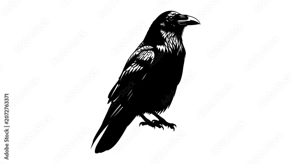 Obraz premium Black Raven Silhouette: A striking black raven, perched stoically, its silhouette sharp against a clean backdrop, embodying mystery and intelligence.