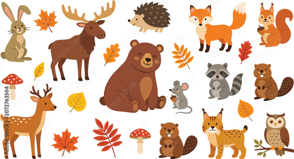 Fototapeta premium Cute woodland animal cartoon character vector sticker set with forest creatures autumn leaves and mushroom elements