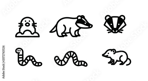Tableau sur toile Burrowing animal and earthworm black line icon collection.