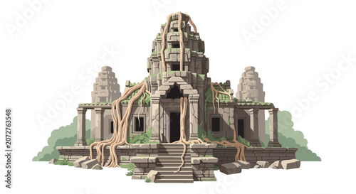 Cuadro en lienzo Ancient stone temple ruins overgrown with jungle tree roots