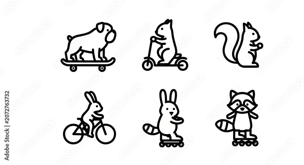 Naklejka premium Cute animals using skateboards and bicycles icon set.