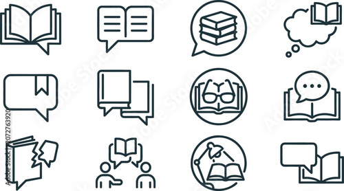 Tableau sur toile Book reading line icon set featuring speech bubbles study education library disc