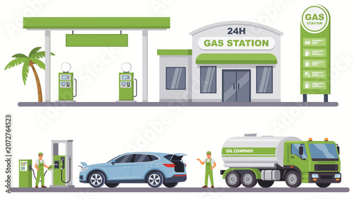 Gas station scene with fuel pumps, service building, tanker truck and car refueling by an attendant Vector
