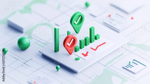 3D render of green and red checkmarks on graphs and map, illustrating business success and failure.