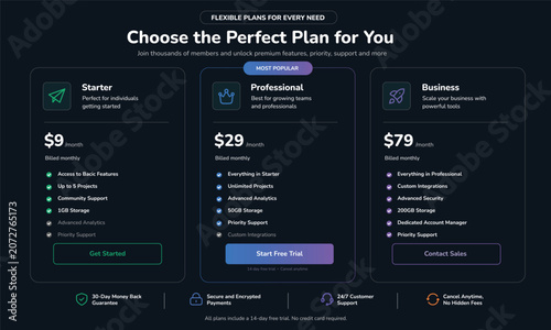 Modern Dark Pricing Table UI with Subscription Plans for SaaS Website