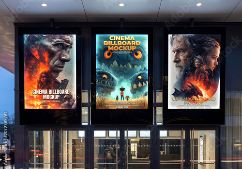 Three Movie Theater Billboard Mockup for Cinematic Advertising and Film Promotions