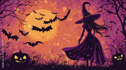 Silhouette of a witch in a long dress and hat, with bats and pumpkins in a Halloween scene.