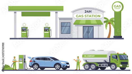 Modern gas station building with fuel pumps and a car being filled with gasoline by a worker near a large tanker truck in a city setting Vector