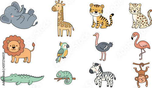 Canvas Print Cute safari animal cartoon character vector sticker set with wild jungle lion el