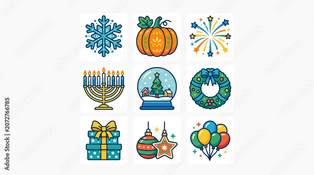 Fototapeta premium Set of colorful holiday celebration icons and festive symbols.