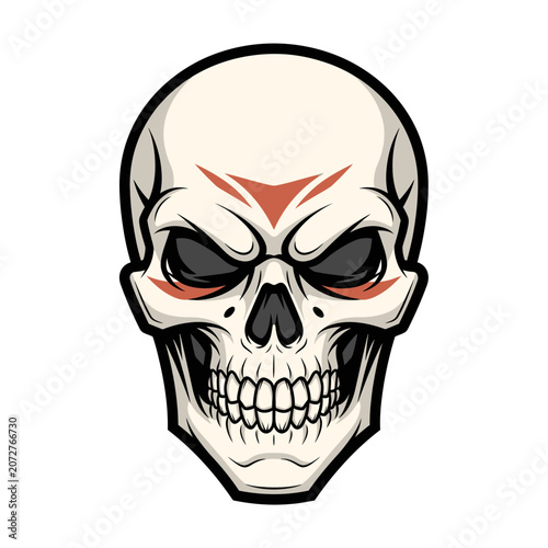 Intense and menacing skull illustration with dark eyes.