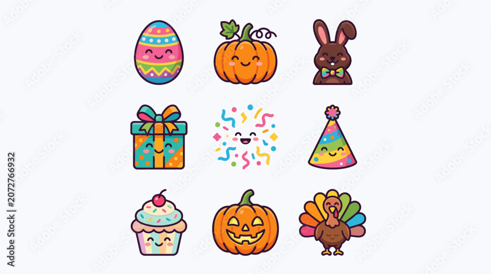 Fototapeta premium Set of cute colorful holiday and celebration icons with kawai faces.