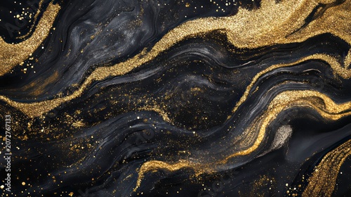 Abstract black and gold liquid marble texture with glitter.