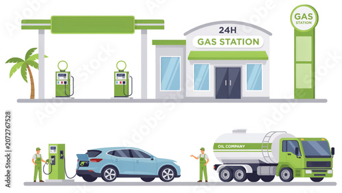 Modern gas station building with fuel pumps and car refueling service with tanker truck and worker in a flat vector illustration style Vector